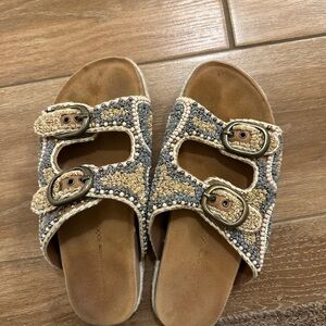 House of Harlow 1960 Beaded Double-Buckle Slide Sandals - Tan & Gray